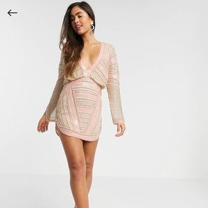 ASOS LUXE Blouson Sequin Beaded Embellished Mini Dress with Split Sleeve